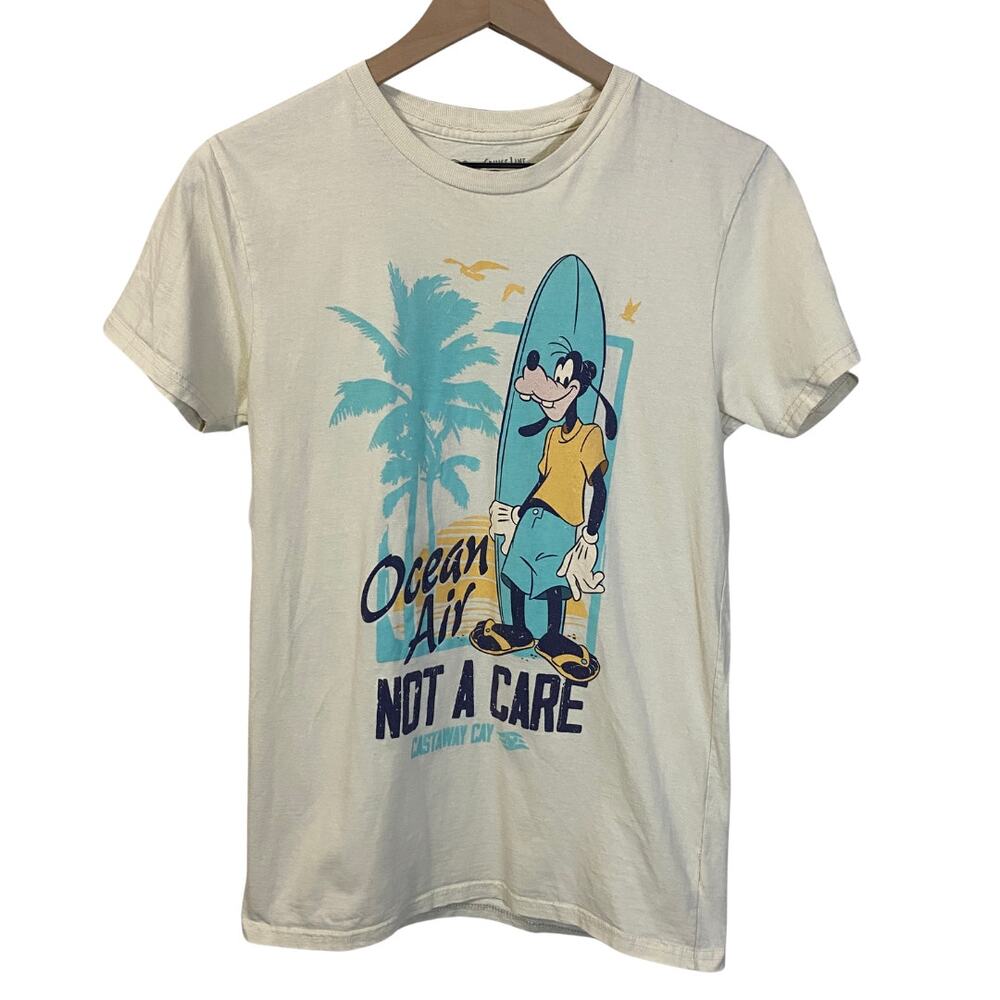 Disney Cruise Line Ocean Air Not A Care Goofy Castaway Cay T-Shirt Cream Sz S